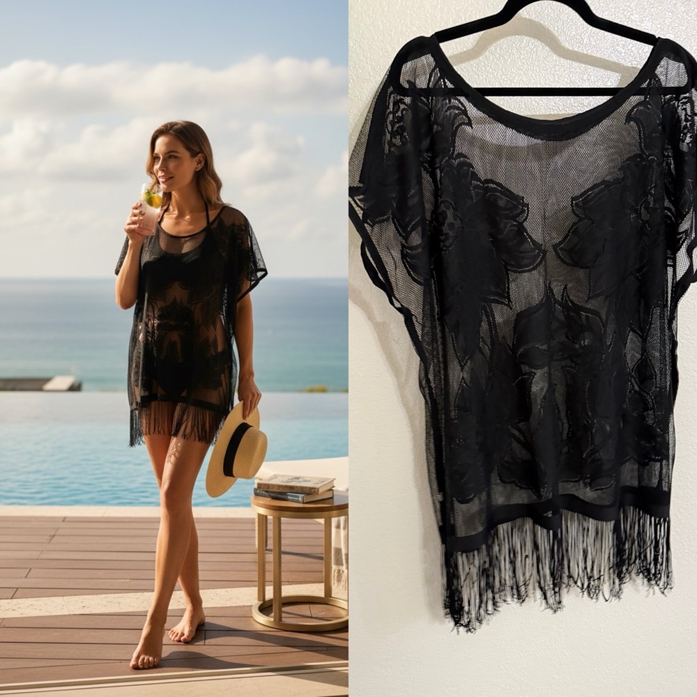 Black Sheer Lace Fringe Kimono Cover Up Floral Mesh Boho Festival Beach Top OS